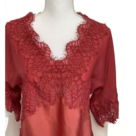 Anthropologie Moulinette Soeurs Satin Viscose Blouse Lace Orange Rust Medium - Picture 3 of 11